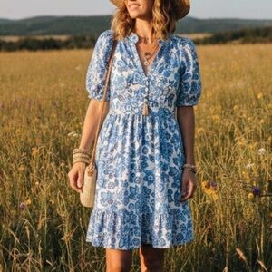 1.State Dress Tiered Puff Sleeve Lined Lightweight Gauze Blue White Dress XL